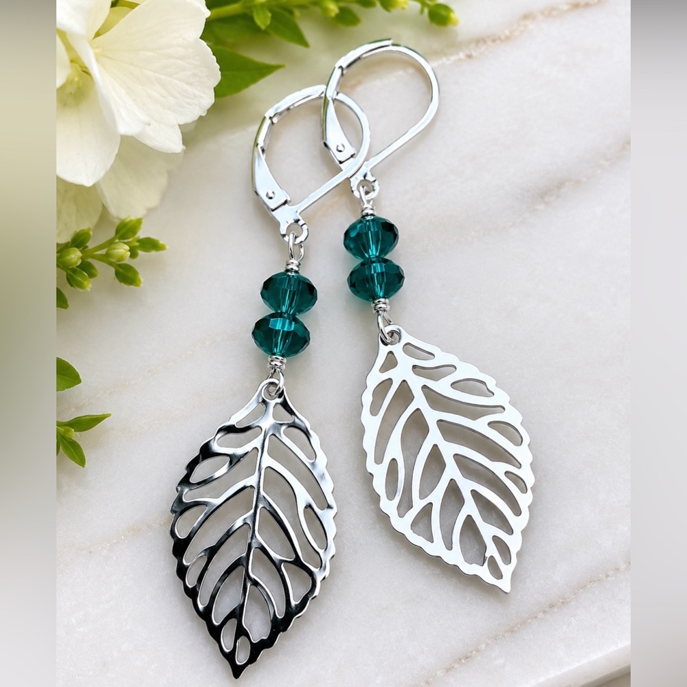 Sterling Silver Leaf Drop Earrings with Teal Crystal Beads